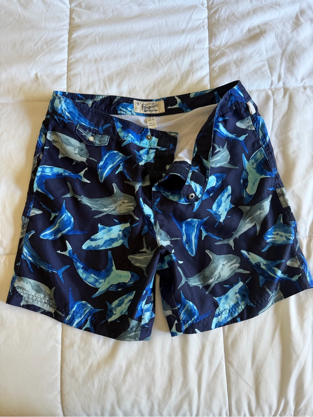 Penguin by Munsingwear Men’s Board Shorts with Navy Blue Shark Print - Size 31